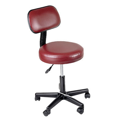 Pneumatic mobile stool, with back, 18" - 22" H, burgundy upholstery