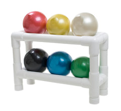 TheraBand Soft Weights ball - 6-piece set (1 each: tan, yellow, red, green, blue, black), with 2-tier rack