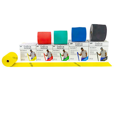 CanDo Low Powder Exercise Band - Twin-Pak - 100 yard - 5 color set (2 x 50 yard boxes of each color: Yellow, Red, Green, Blue, Black)