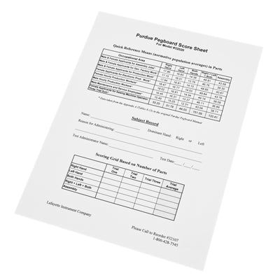 Manipulation and Dexterity Test - Purdue Pegboard Accessory - 25 Scoring Forms