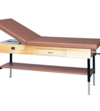 wooden treatment table - manual hi-low, shelf, drawer, upholstered, 78" L x 30" W x 25" - 33" H, 2-section