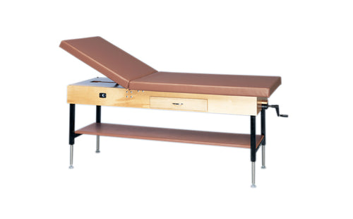 wooden treatment table - manual hi-low, shelf, drawer, upholstered, 78" L x 30" W x 25" - 33" H, 2-section