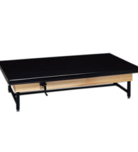 wooden platform table - manual hi-low, upholstered, 7' x 5' x (19" - 27")