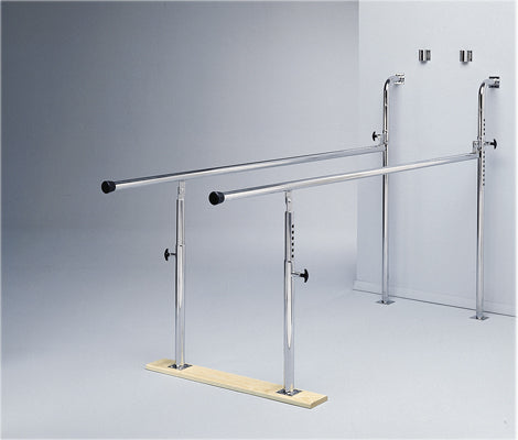 Parallel Bars, wall-mounted, wood base, folding, height adjustable, 7' L x 22.5" W x 28" - 42" H