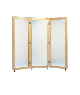 Glass mirror, mobile caster base, 3-panel mirror, 22" W x 60" H