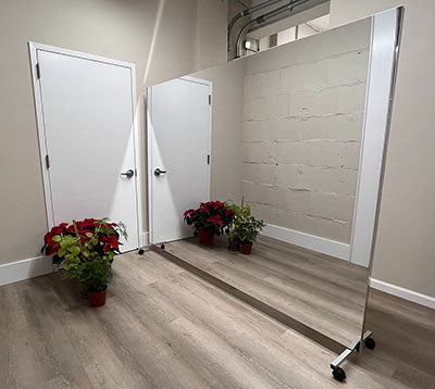 Glassless Mirror, Rolling Stand and Corkboard Back Panel, 72" W x 72" H