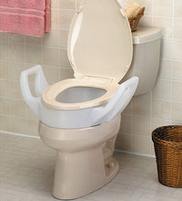 Elevated toilet seat with arms, elongated