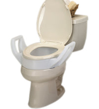 Elevated toilet seat with arms and lock-on bracket