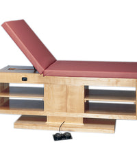 wooden treatment table - electric hi-low, shelves, upholstered, 78" L x 30" W x 27" - 39" H, 2-section