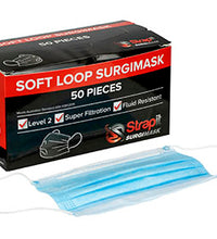 Strapit Surgimask Face Masks, 3 ply disposable with ear loops, ASTM Level 2, Box of 50