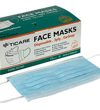 Ticare Face Masks, 3 ply disposable with ear loops, Box of 50