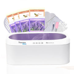 ThermaWax - Includes Base unit, 8 refills of wax (4 peach, 4 lavender), 1 pair cotton gloves, 1 pair cotton booties, PE gloves, PE botties, 1 brush, 1 spatula