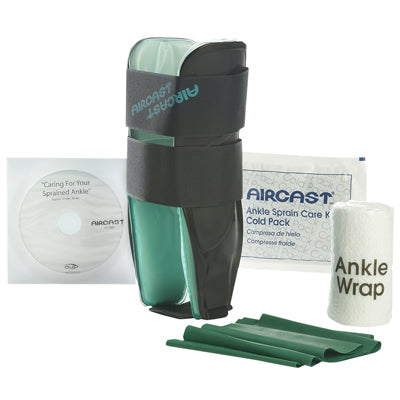 Ankle Sprain Care Kit with AirSport Brace (small/right), exercise band, cold pack, wrap, DVD