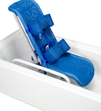 MJM International, reclining total padding shower chair, elevated leg extension, blue