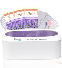 ThermaWax - Includes Base unit, 8 refills of wax (4 peach, 4 lavender), 1 pair cotton gloves, 1 pair cotton booties, PE gloves, PE botties, 1 brush, 1 spatula