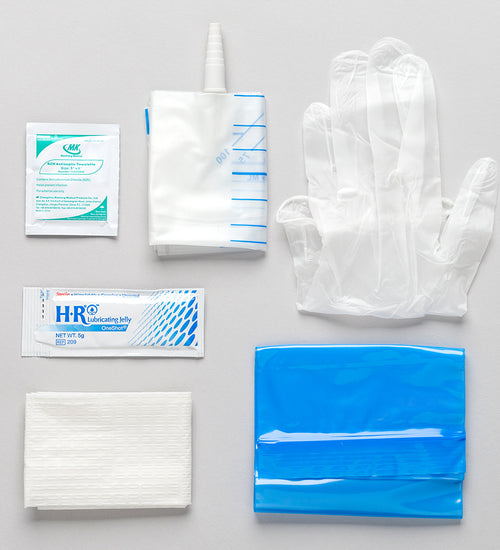 TruCath Intermittent Catheter Insertion kit includes vinyl Powder-free gloves, 5g lube jelly packet, BZK wipe, underpad